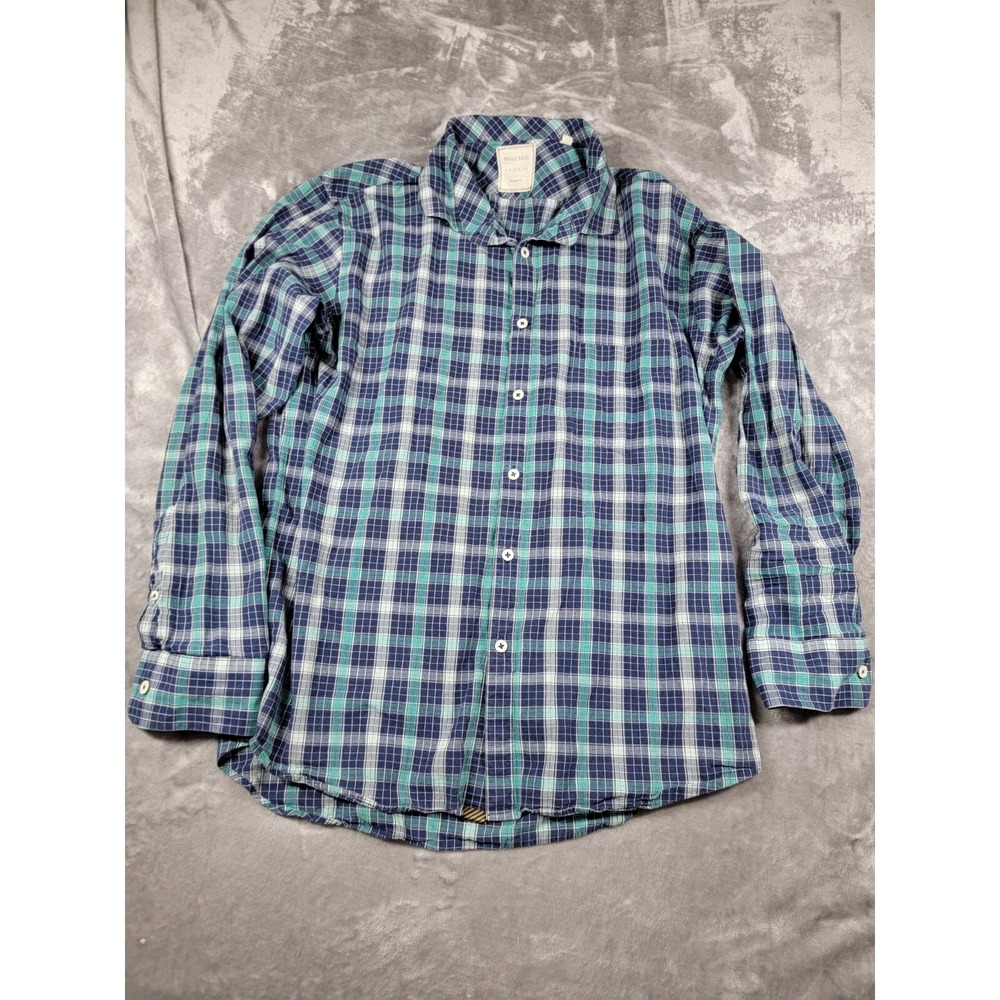 Billy Reid Button Up Shirt Standard Cut Aqua Blue Plaid Men's Large, Cotton